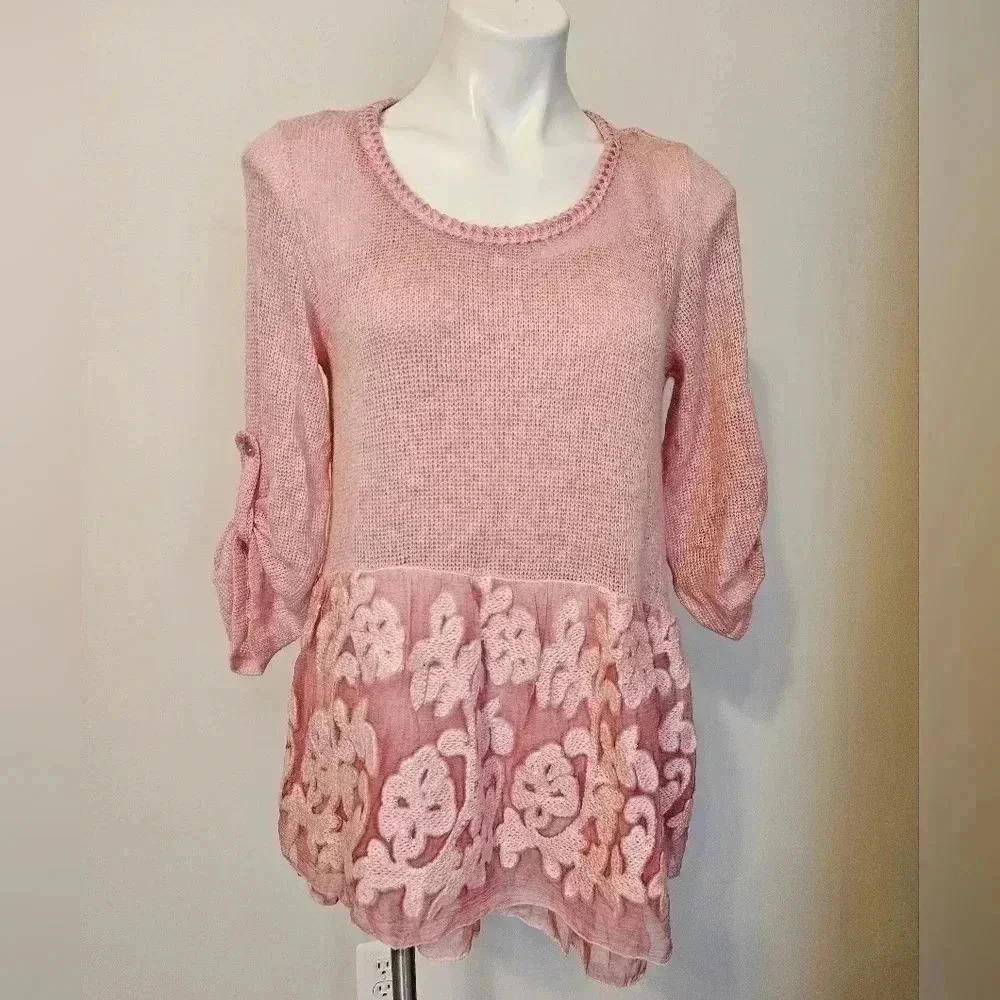 Belle France mohair blend feminine sequined sweater in soft pink. Made in Italy